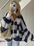 Women's Loose Striped Cardigan with V-Neck and Button Front - Navy
