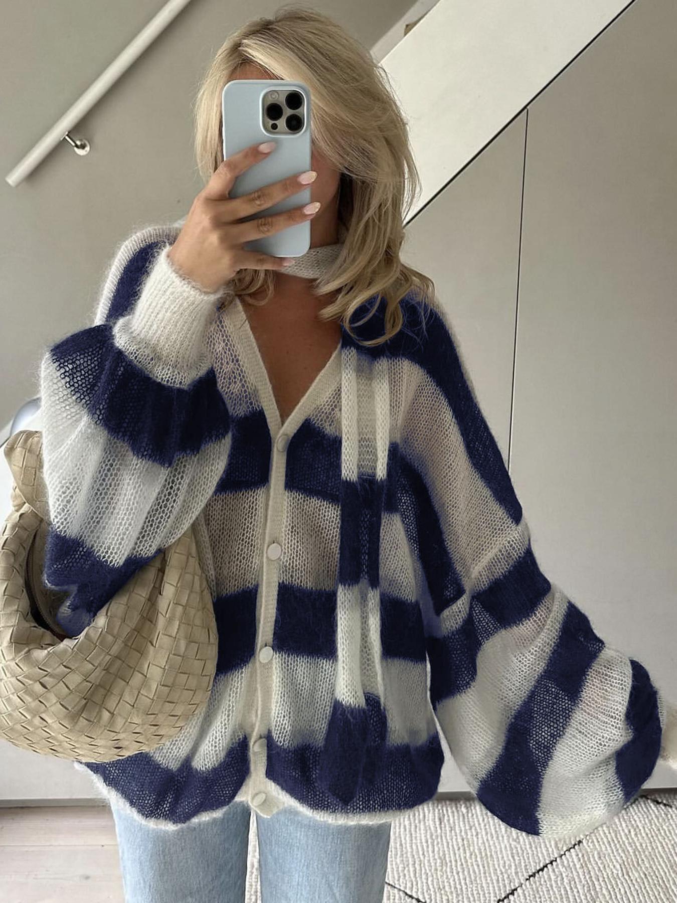 Women's Loose Striped Cardigan with V-Neck and Button Front - Navy