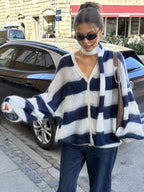 Women's Loose Striped Cardigan with V-Neck and Button Front - 3