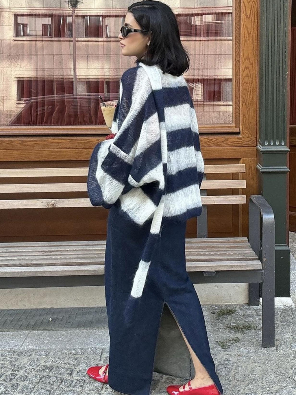 Women's Loose Striped Cardigan with V-Neck and Button Front - 6