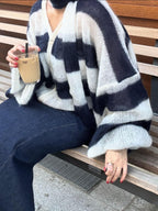 Women's Loose Striped Cardigan with V-Neck and Button Front - 4