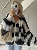 Women's Loose Striped Cardigan with V-Neck and Button Front - Black