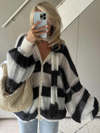 Women's Loose Striped Cardigan with V-Neck and Button Front - Black