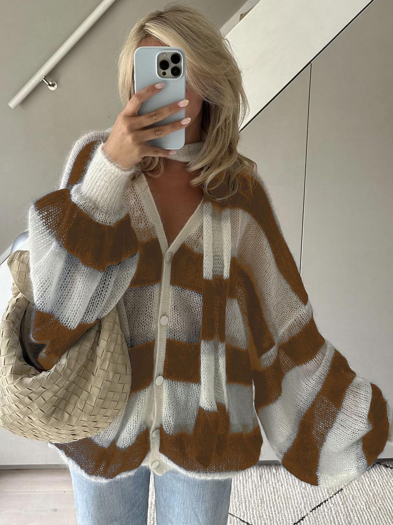 Women's Loose Striped Cardigan with V-Neck and Button Front - Beige