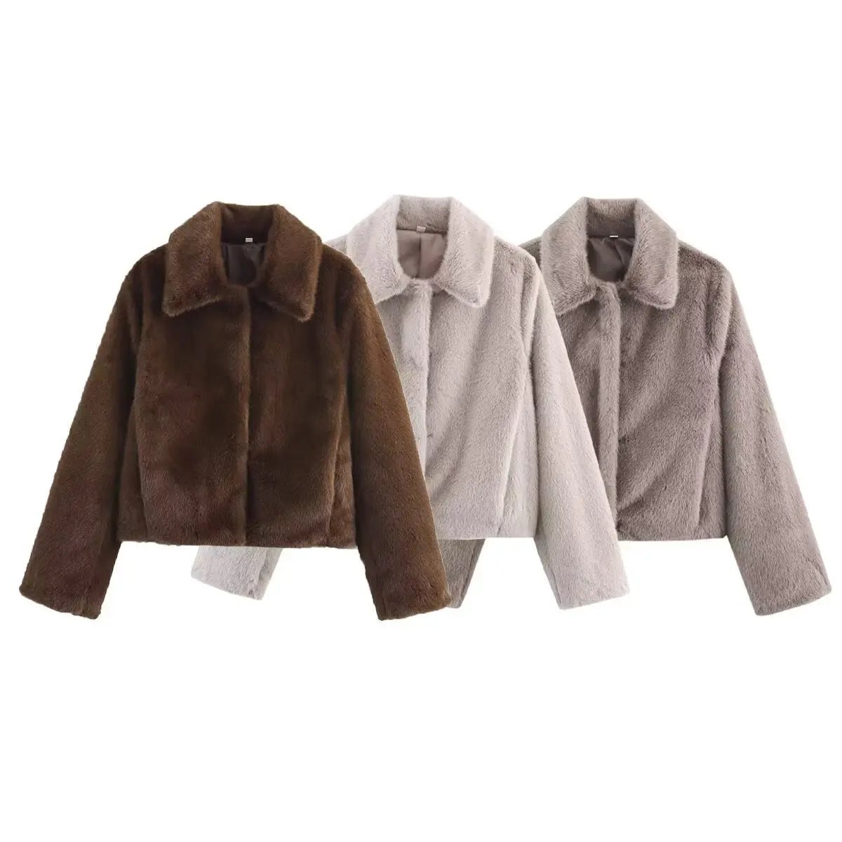 Women's Faux Fur Jacket with Lapel Collar and Button Details - 14