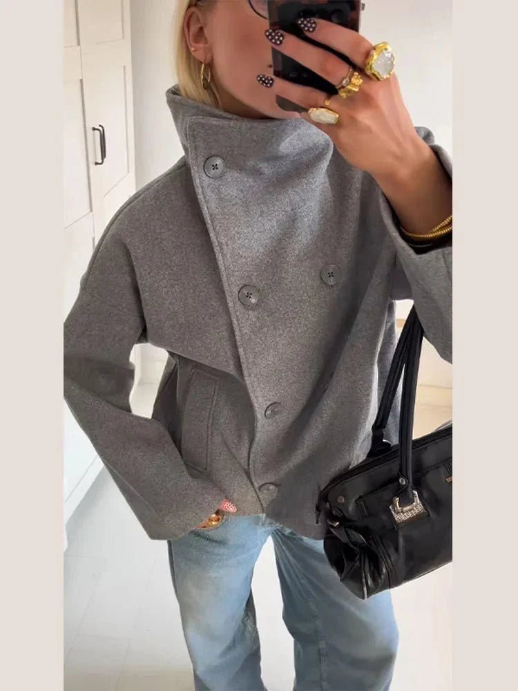 Women's Double Breasted Jacket with Stand Collar and Relaxed Fit - 4