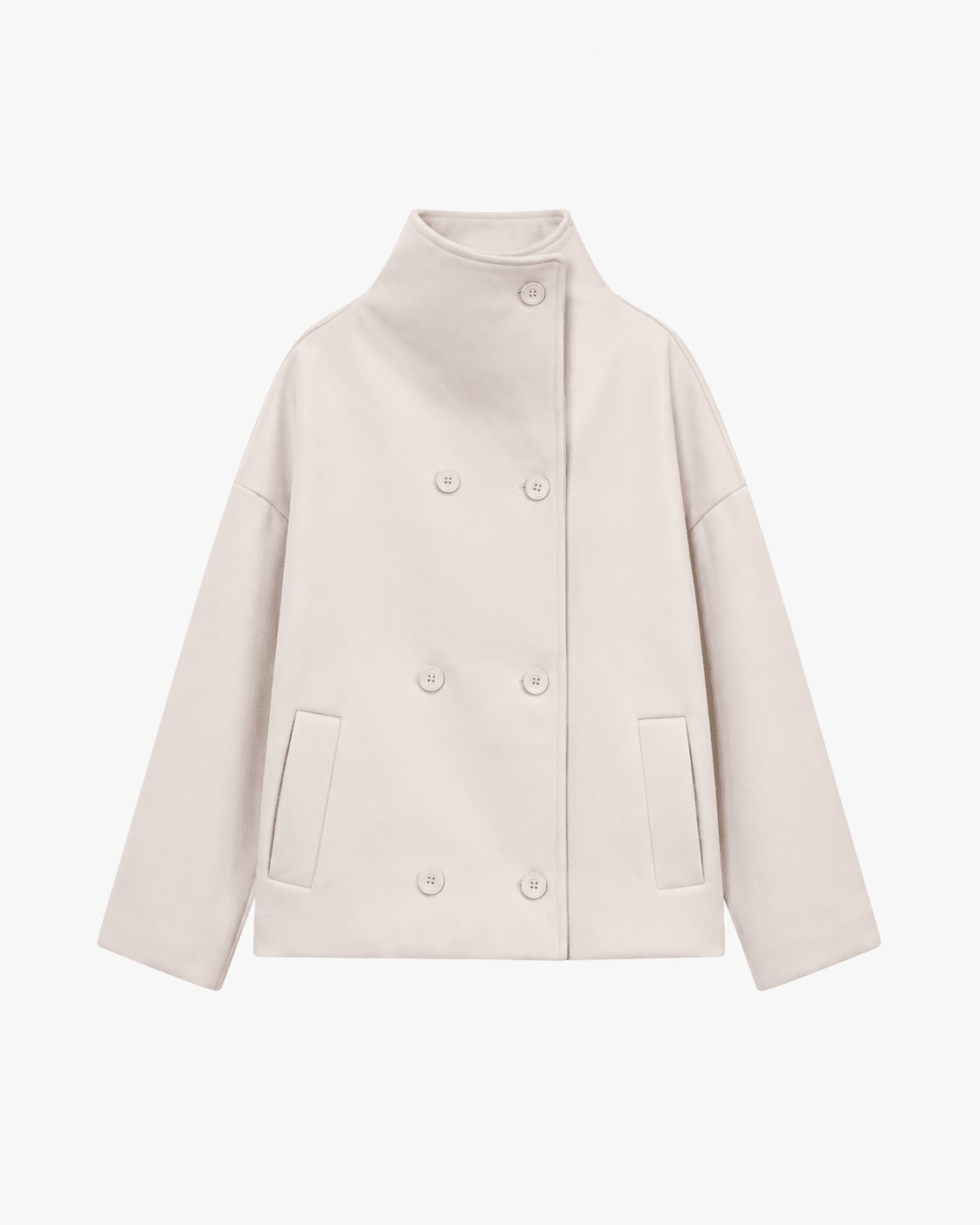 Women's Double Breasted Jacket with Stand Collar and Relaxed Fit - Beige
