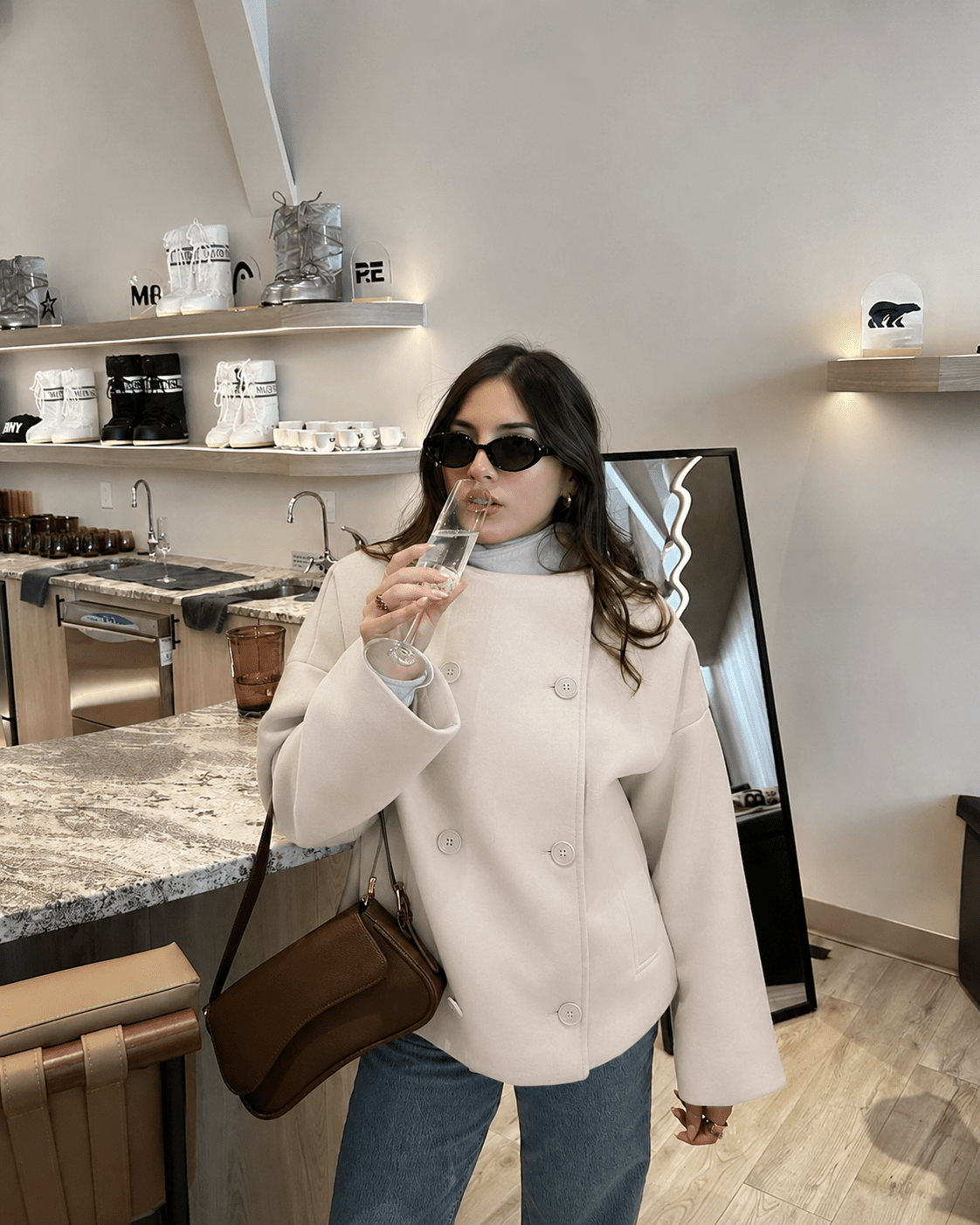 Women's Double Breasted Jacket with Stand Collar and Relaxed Fit - Beige