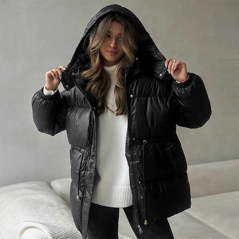 Women's Puffer Coat Hooded with Drawstring Waist - Black