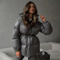 Women's Puffer Coat Hooded with Drawstring Waist - Dark Grey