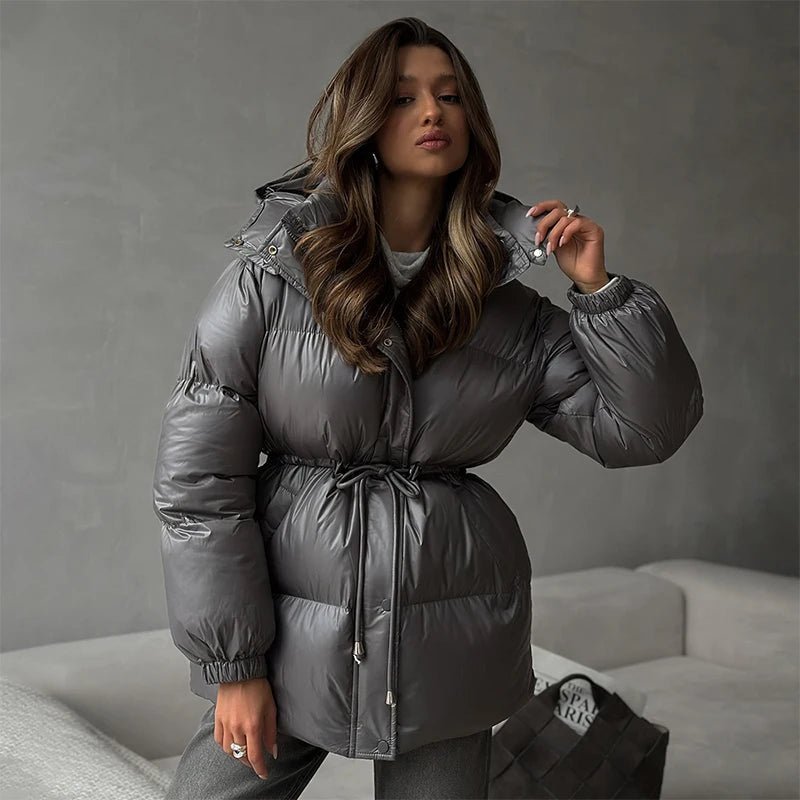 Women's Puffer Coat Hooded with Drawstring Waist - Dark Grey