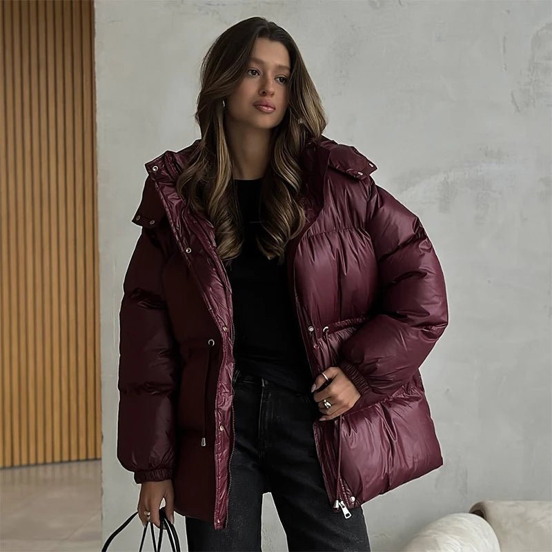 Women's Puffer Coat Hooded with Drawstring Waist - Burgundy