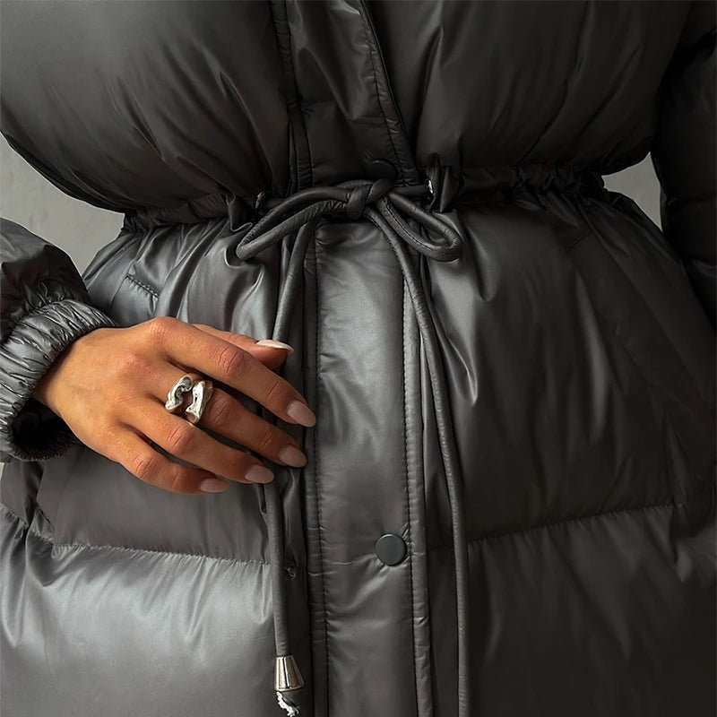 Women's Puffer Coat Hooded with Drawstring Waist - 15