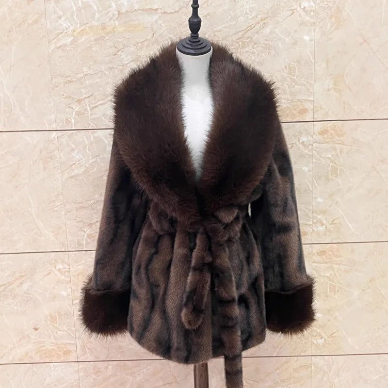 Women's Faux Fur Coat with Tie Waist and Shawl Collar - 7