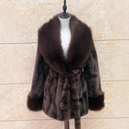 Women's Faux Fur Coat with Tie Waist and Shawl Collar - 7