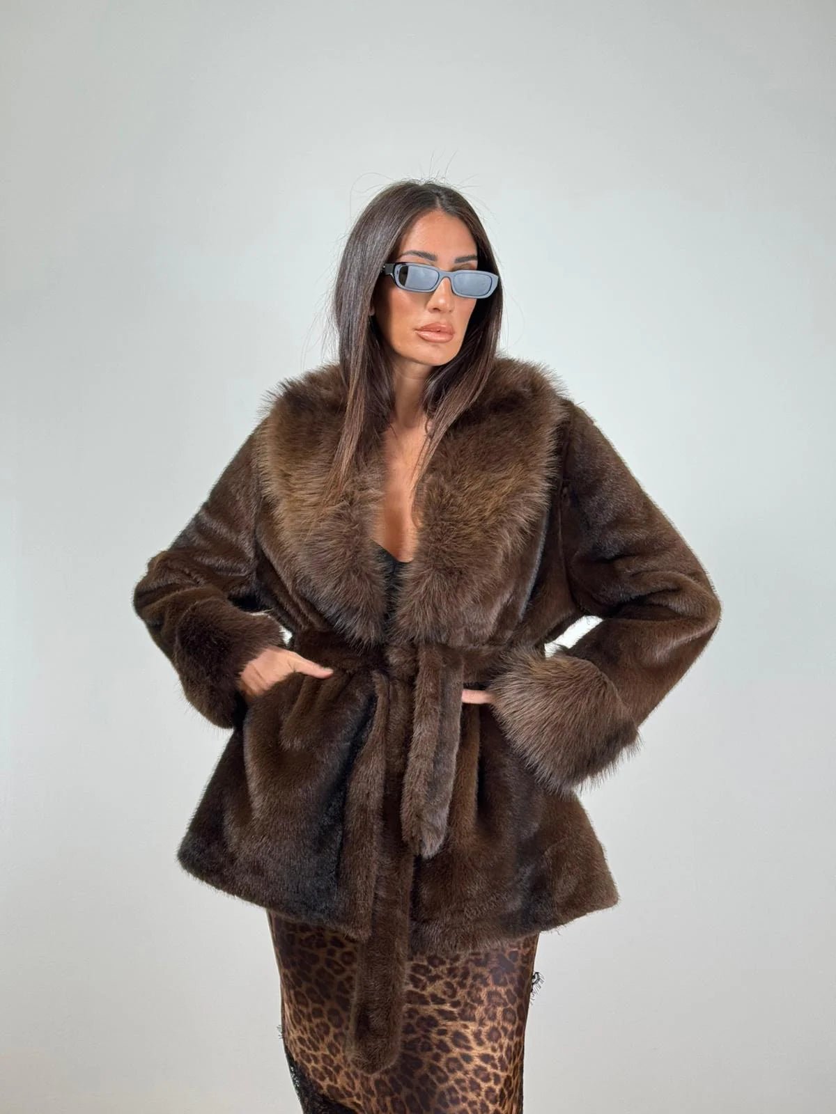 Women's Faux Fur Coat with Tie Waist and Shawl Collar - 6