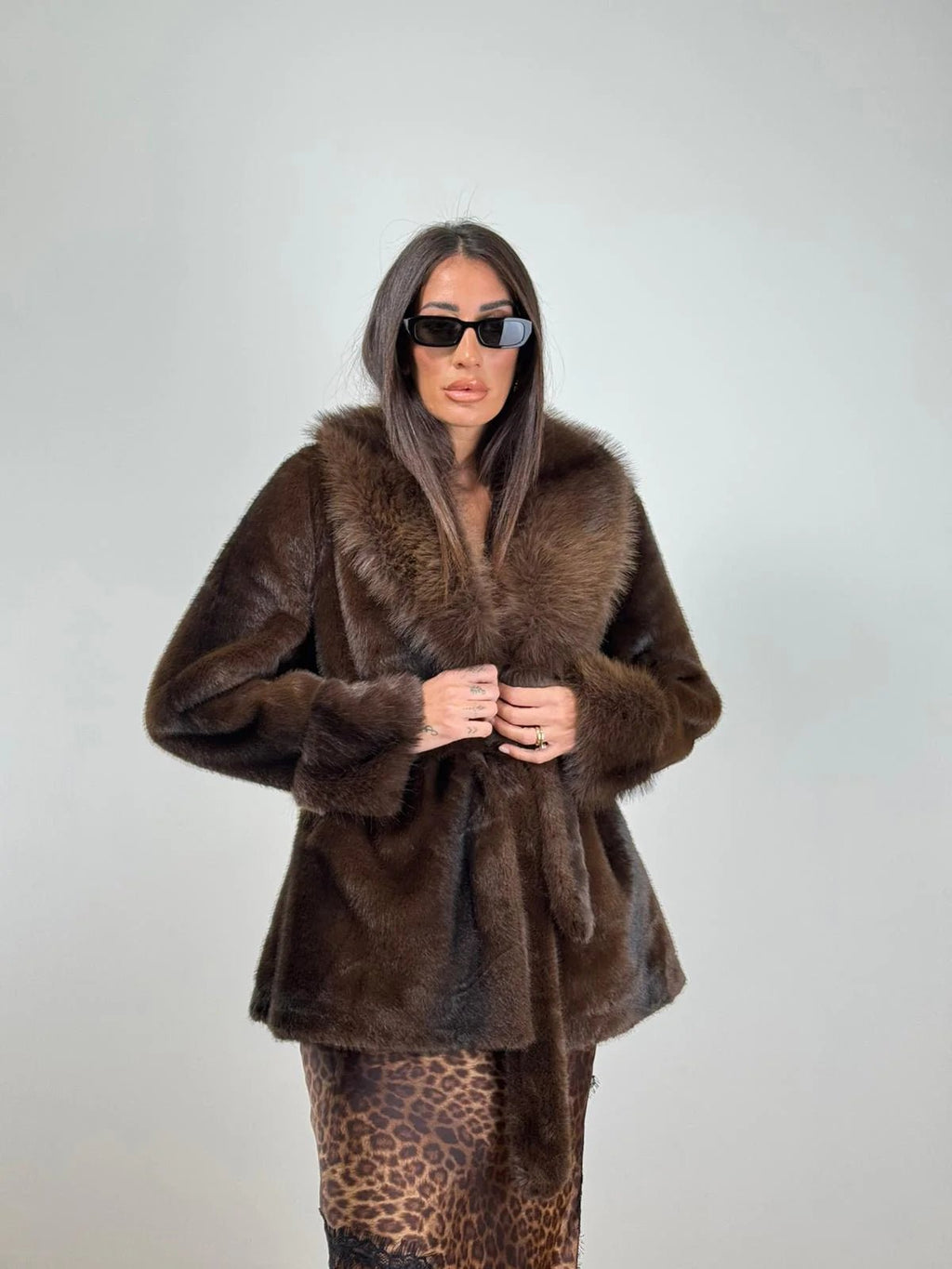 Women's Faux Fur Coat with Tie Waist and Shawl Collar - 8