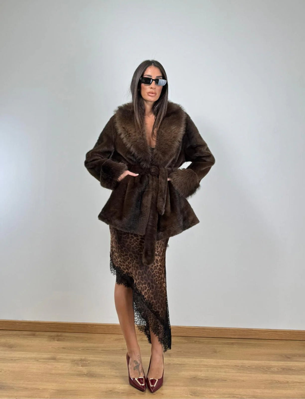 Women's Faux Fur Coat with Tie Waist and Shawl Collar - 10