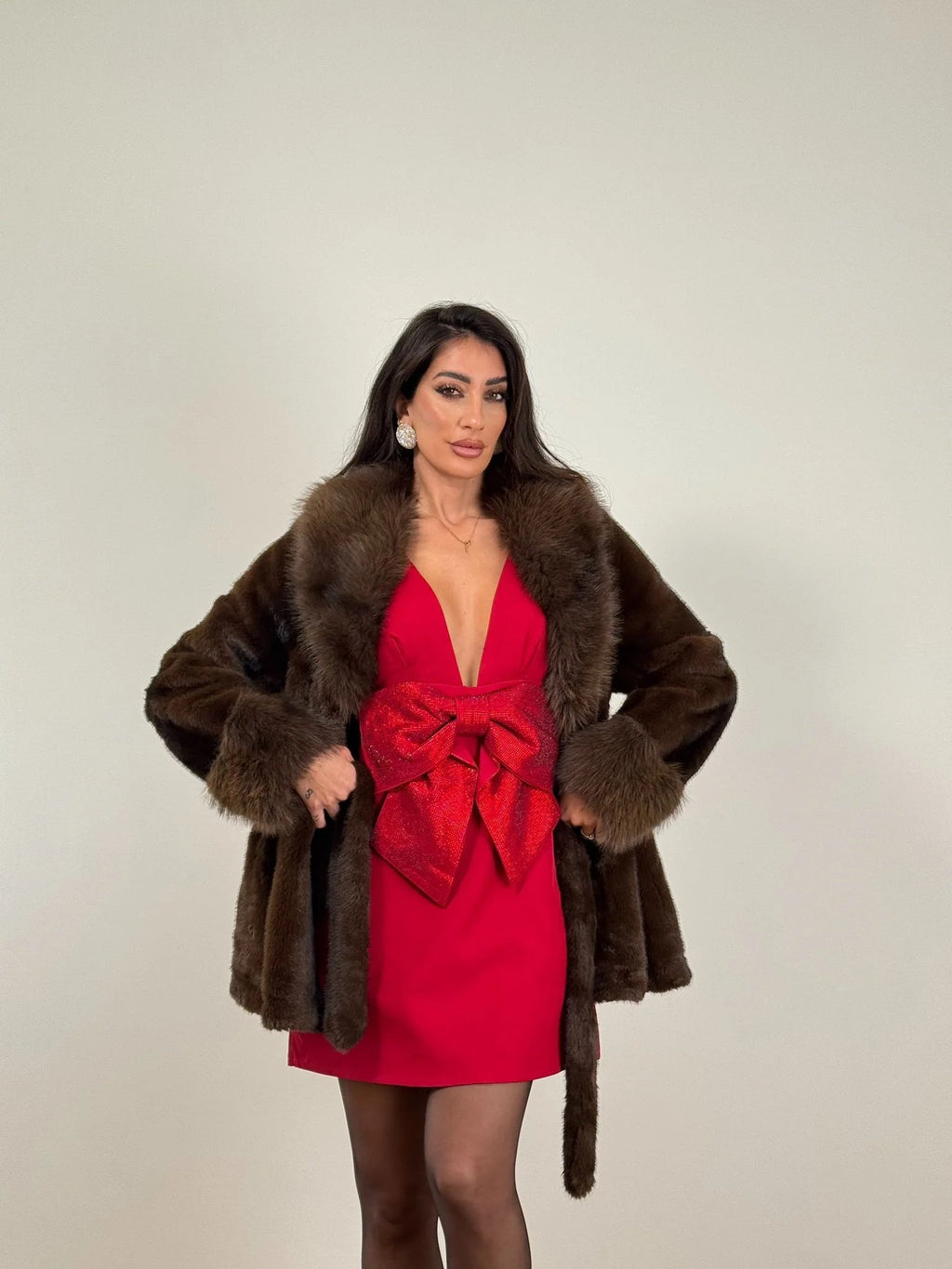 Women's Faux Fur Coat with Tie Waist and Shawl Collar - 11