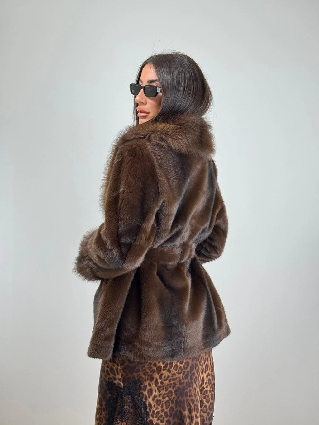 Women's Faux Fur Coat with Tie Waist and Shawl Collar - 9