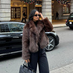 Women's Short Faux Fur Coat with Wide Lapel Collar - Coffee