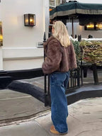 Women's Short Faux Fur Coat with Wide Lapel Collar - 7