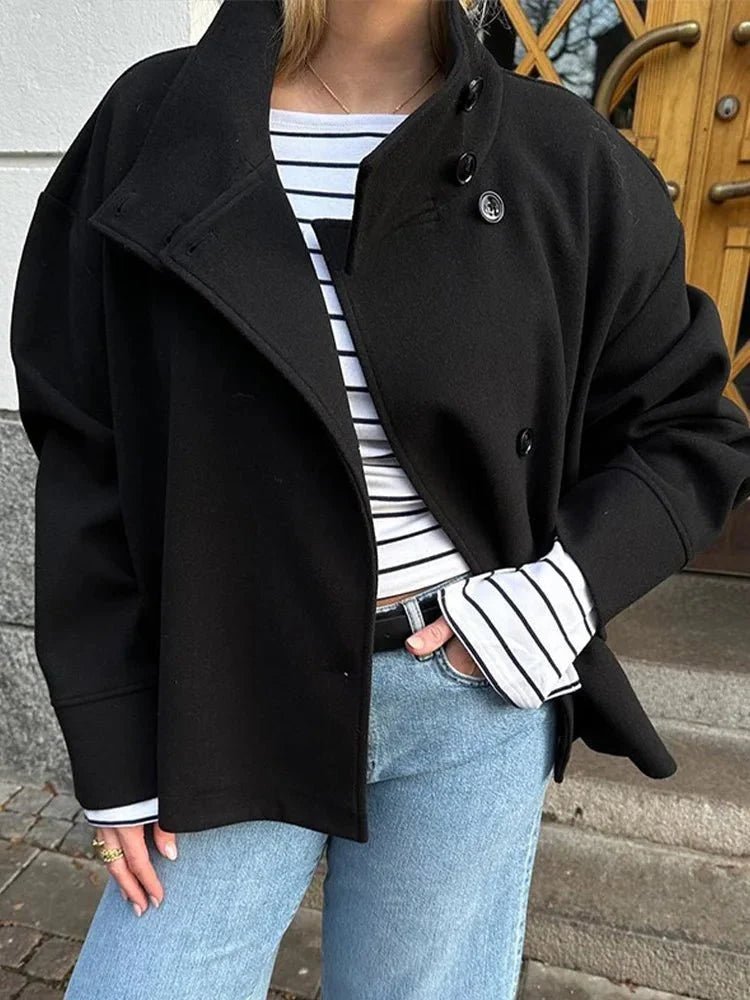 Women's Short Jacket with Stand Collar and Structured Cut - Black