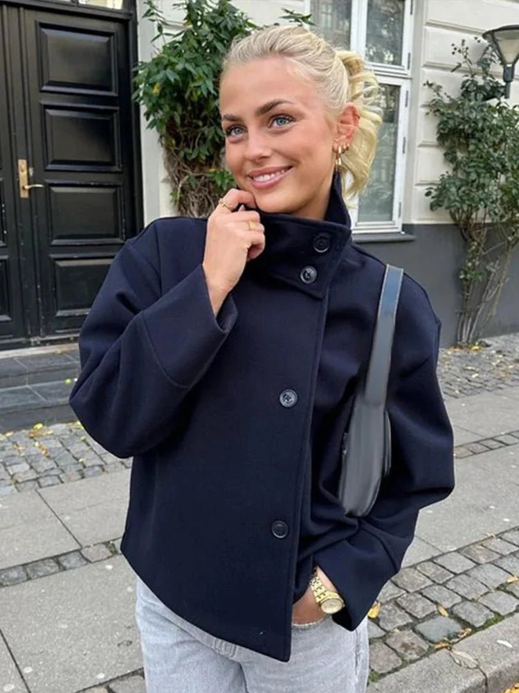 Women's Short Jacket with Stand Collar and Structured Cut - Navy Blue