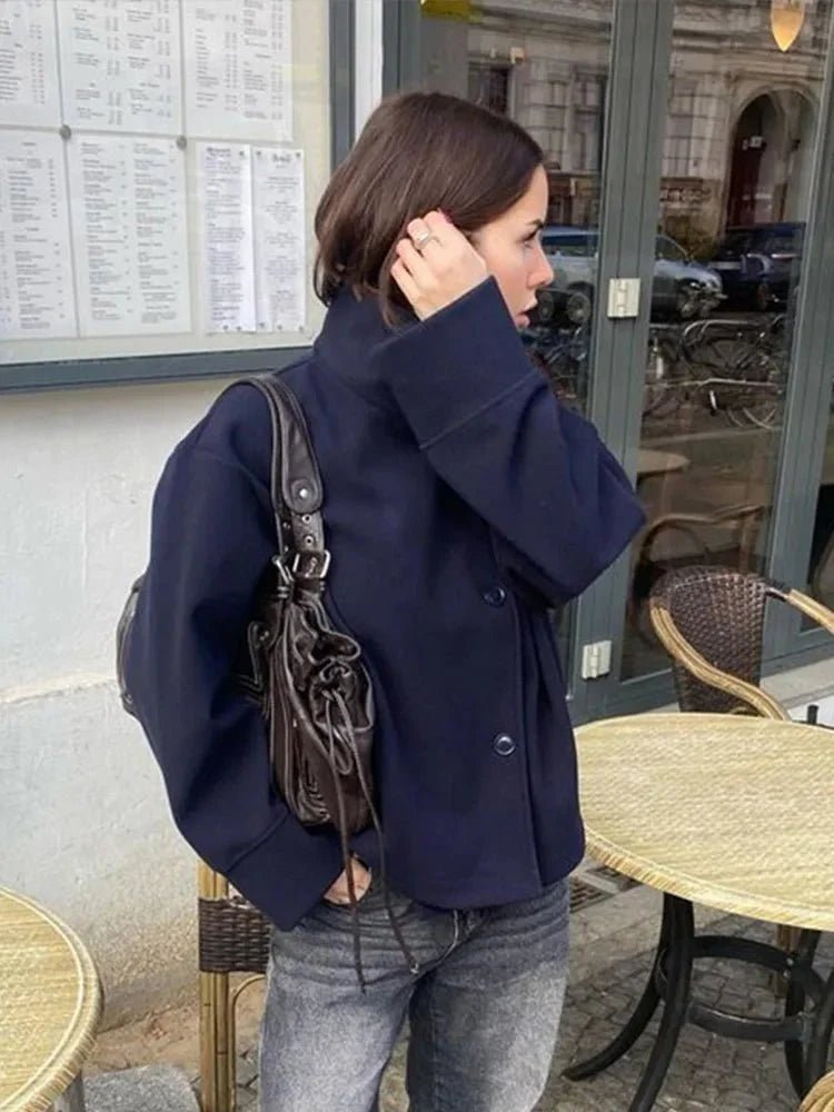 Women's Short Jacket with Stand Collar and Structured Cut - 18