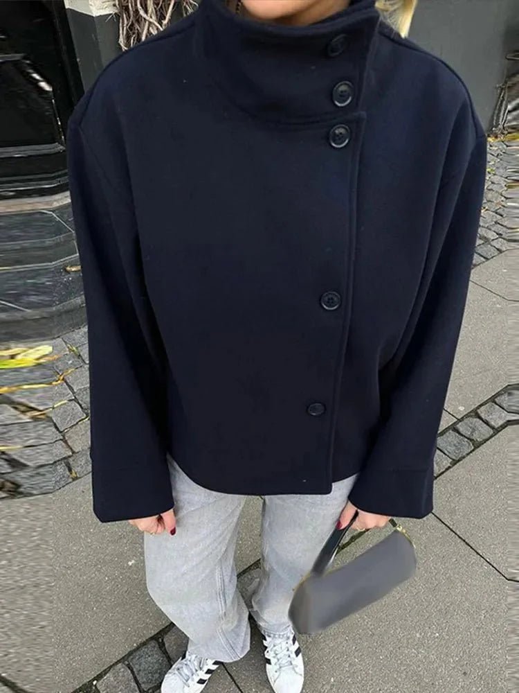 Women's Short Jacket with Stand Collar and Structured Cut - Navy Blue