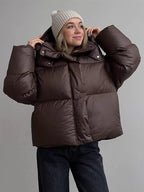 Women's Cropped Puffer Jacket with Detachable Hood - Dark Brown