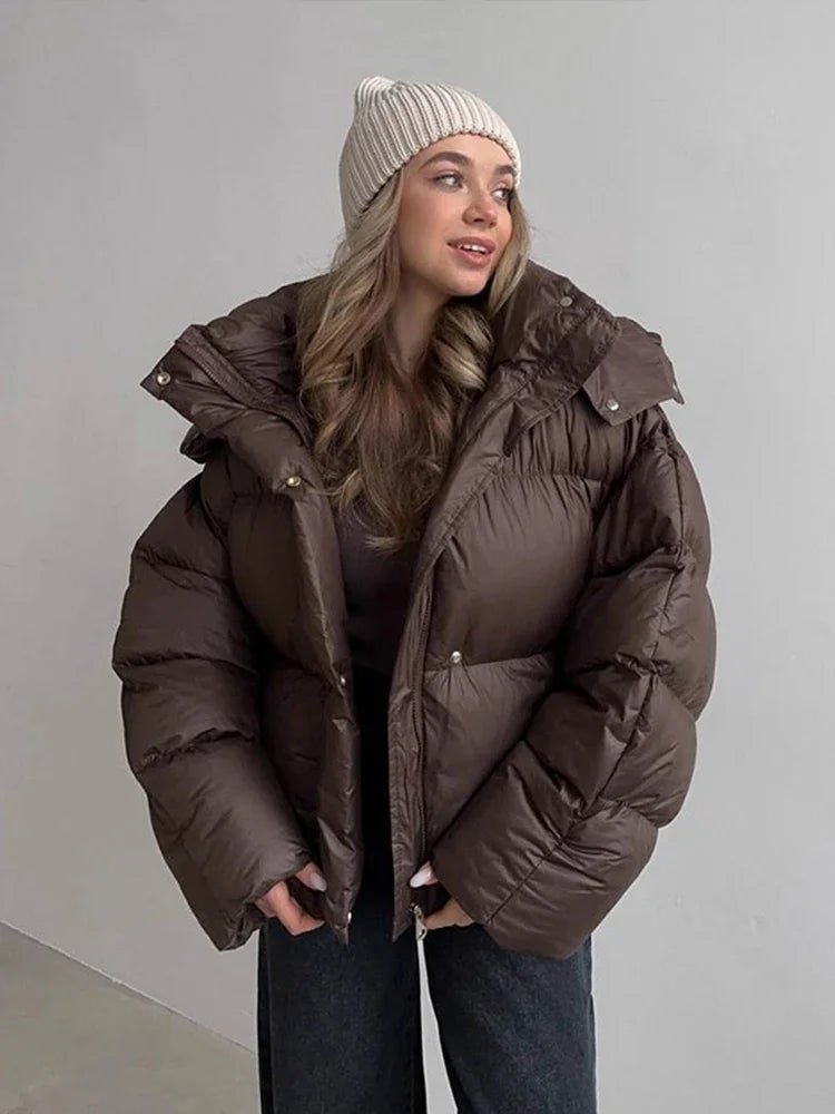 Women's Cropped Puffer Jacket with Detachable Hood - Dark Brown