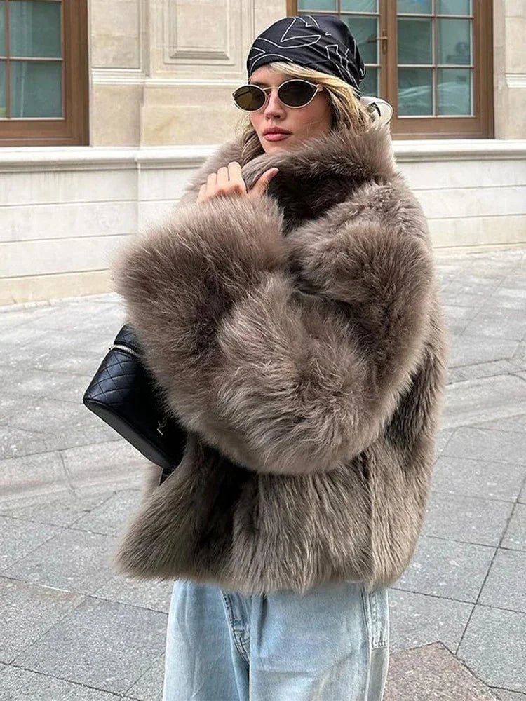 Women's Faux Fur Coat with Snap Buttons and Plush Texture - 4