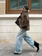 Women's Faux Fur Coat with Snap Buttons and Plush Texture - 3
