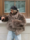 Women's Faux Fur Coat with Snap Buttons and Plush Texture - 2