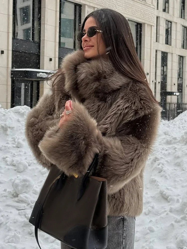 Women's Faux Fur Coat with Snap Buttons and Plush Texture - 5