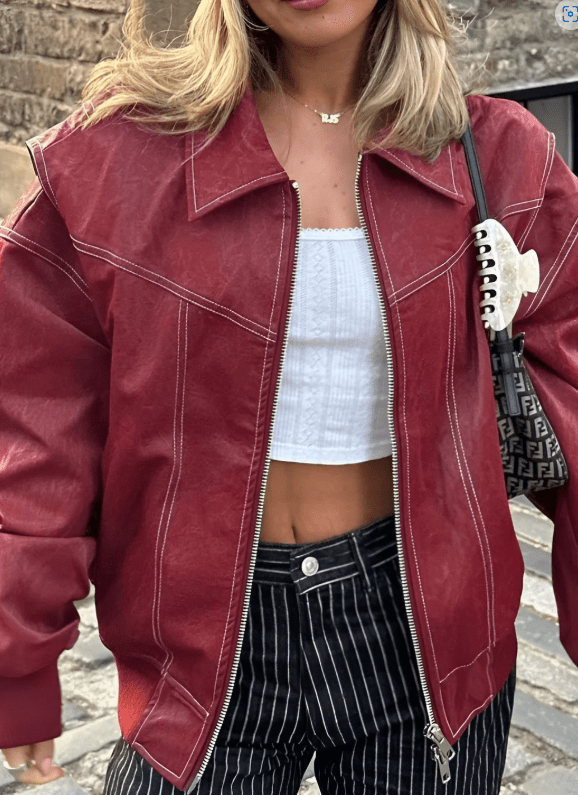Women's Bomber Jacket with Zip Front and Contrast Stitching - 5