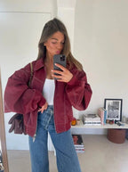 Women's Bomber Jacket with Zip Front and Contrast Stitching - 9