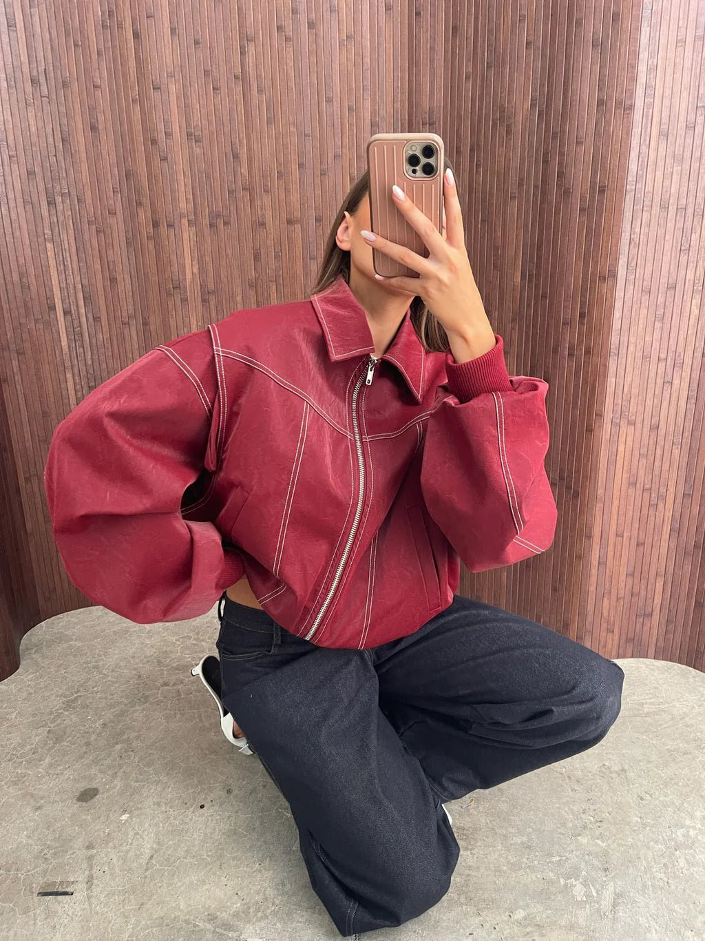 Women's Bomber Jacket with Zip Front and Contrast Stitching - 11