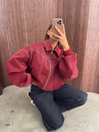 Women's Bomber Jacket with Zip Front and Contrast Stitching - 11