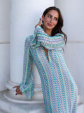 Women's Maxi Dress with V-Neck and Striped Print - Aqua