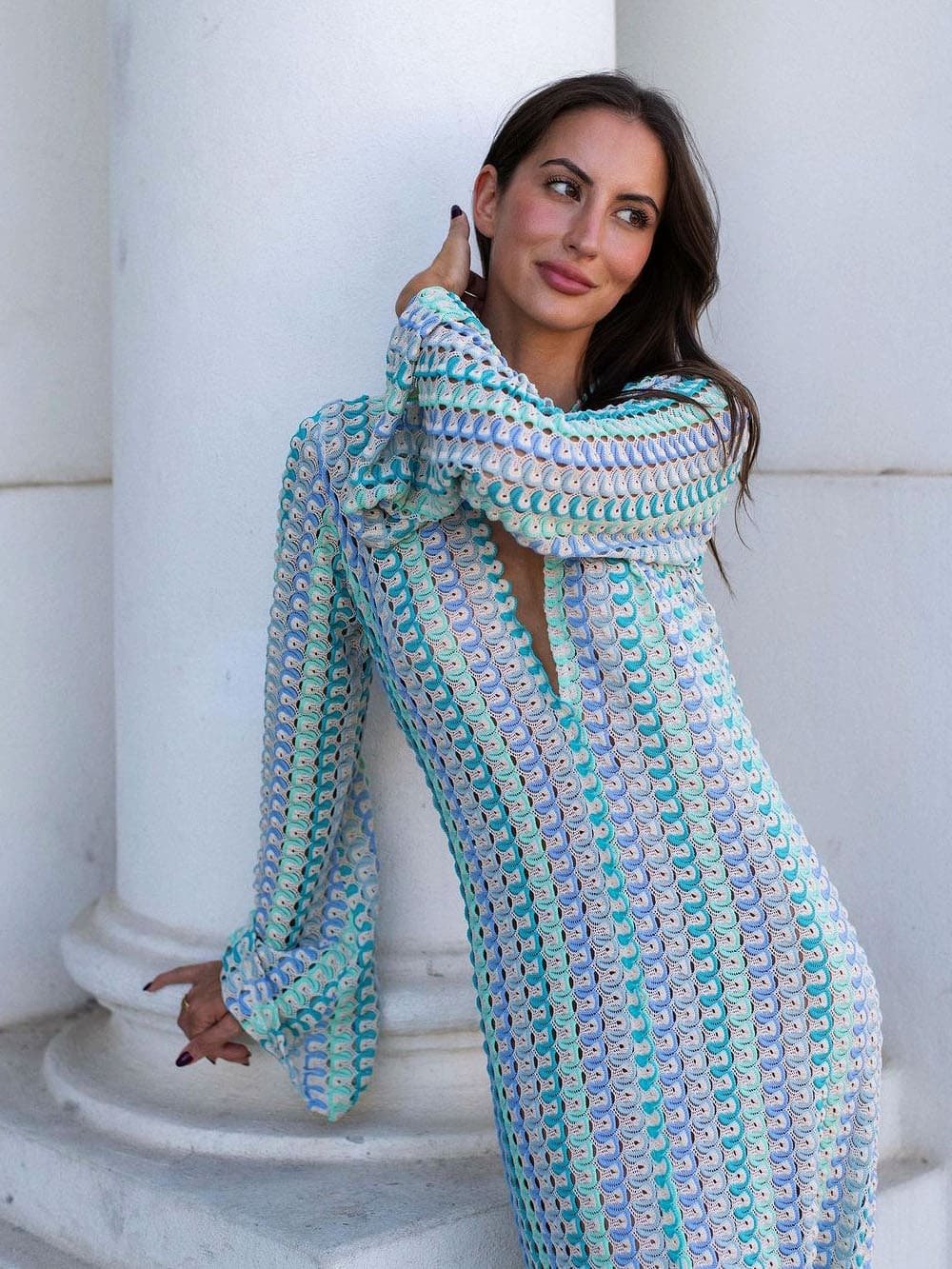 Women's Maxi Dress with V-Neck and Striped Print - Aqua