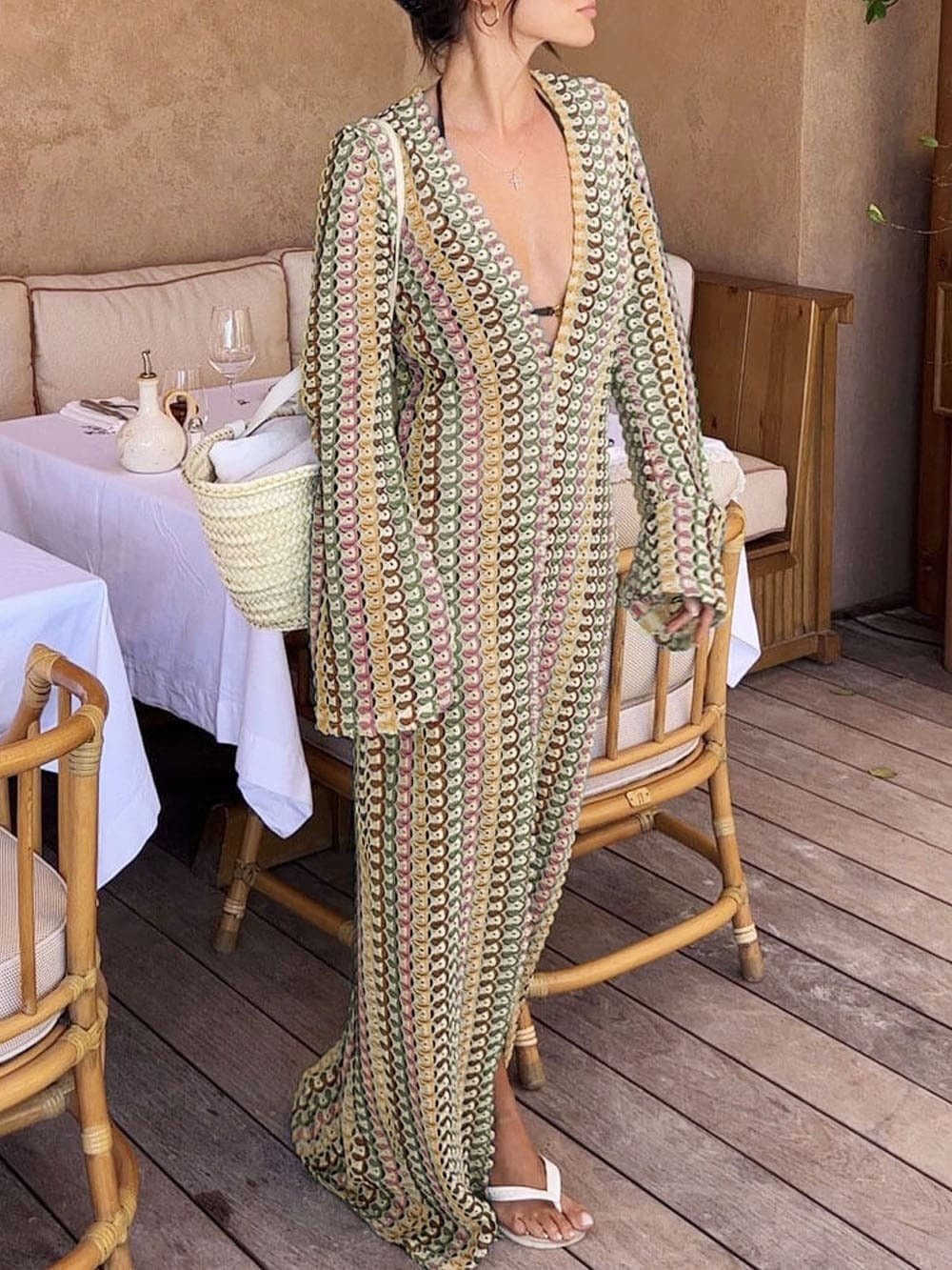Women's Maxi Dress with V-Neck and Striped Print - Green