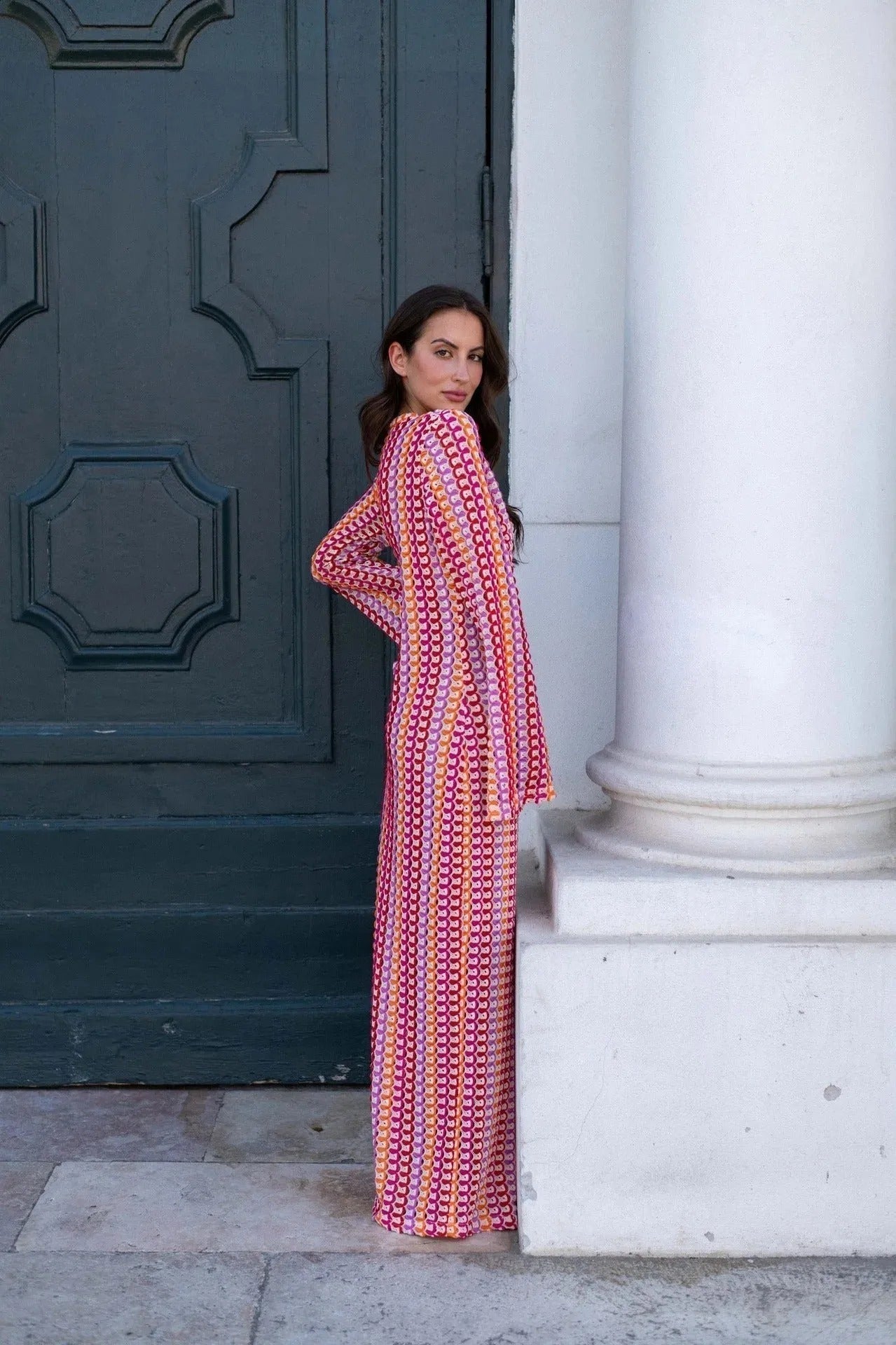 Women's Maxi Dress with V-Neck and Striped Print - 3