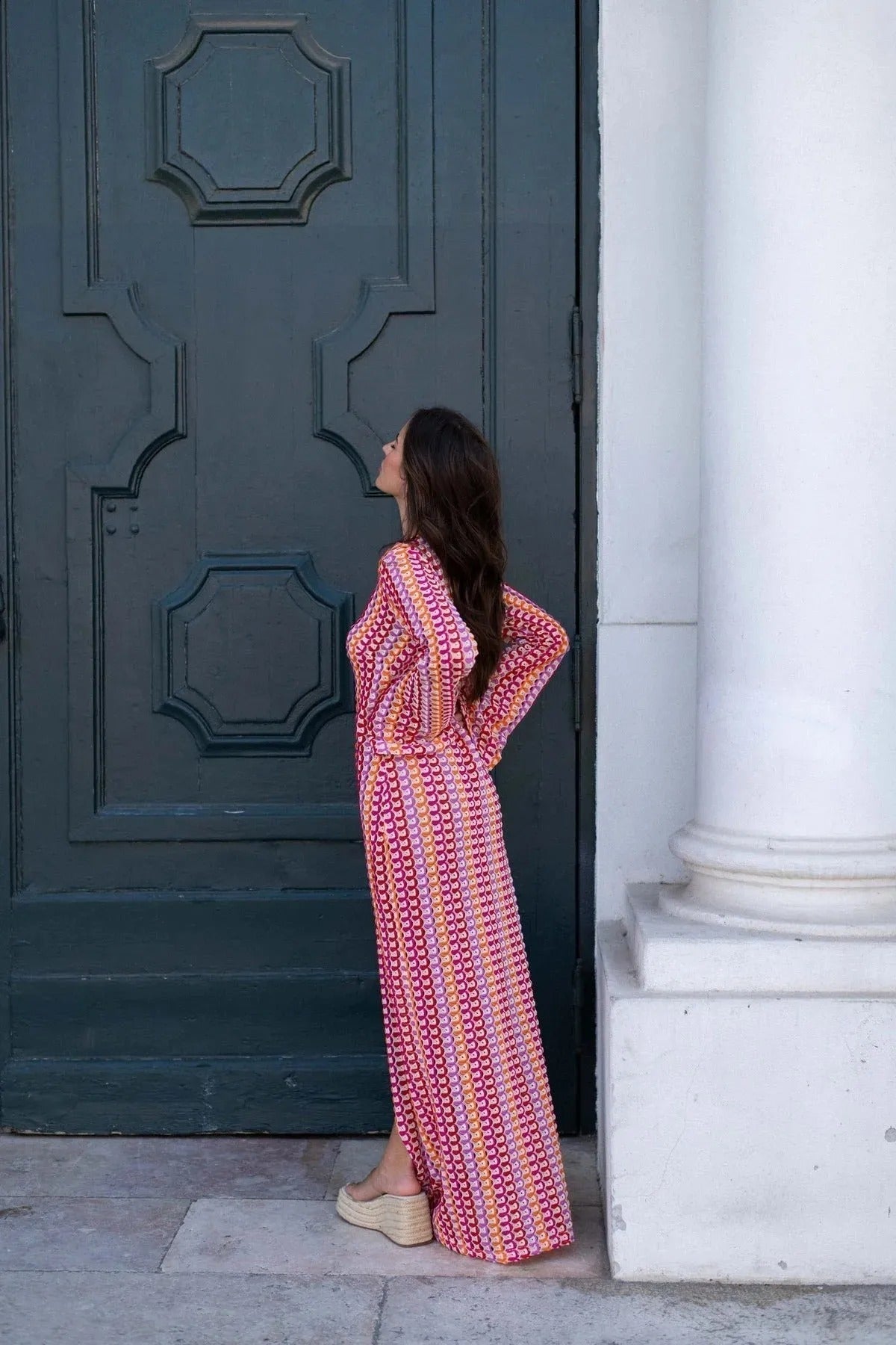 Women's Maxi Dress with V-Neck and Striped Print - 4
