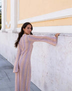 Women's Maxi Dress with V-Neck and Striped Print - 14
