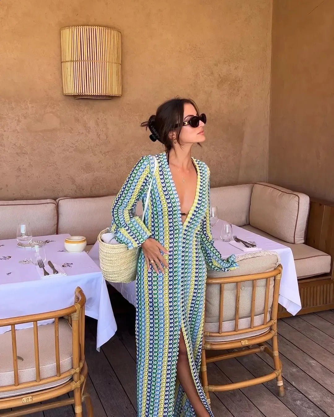 Women's Maxi Dress with V-Neck and Striped Print - Sage