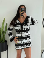Women's Crochet Mini Dress with V-Neck and Long Sleeves - 2
