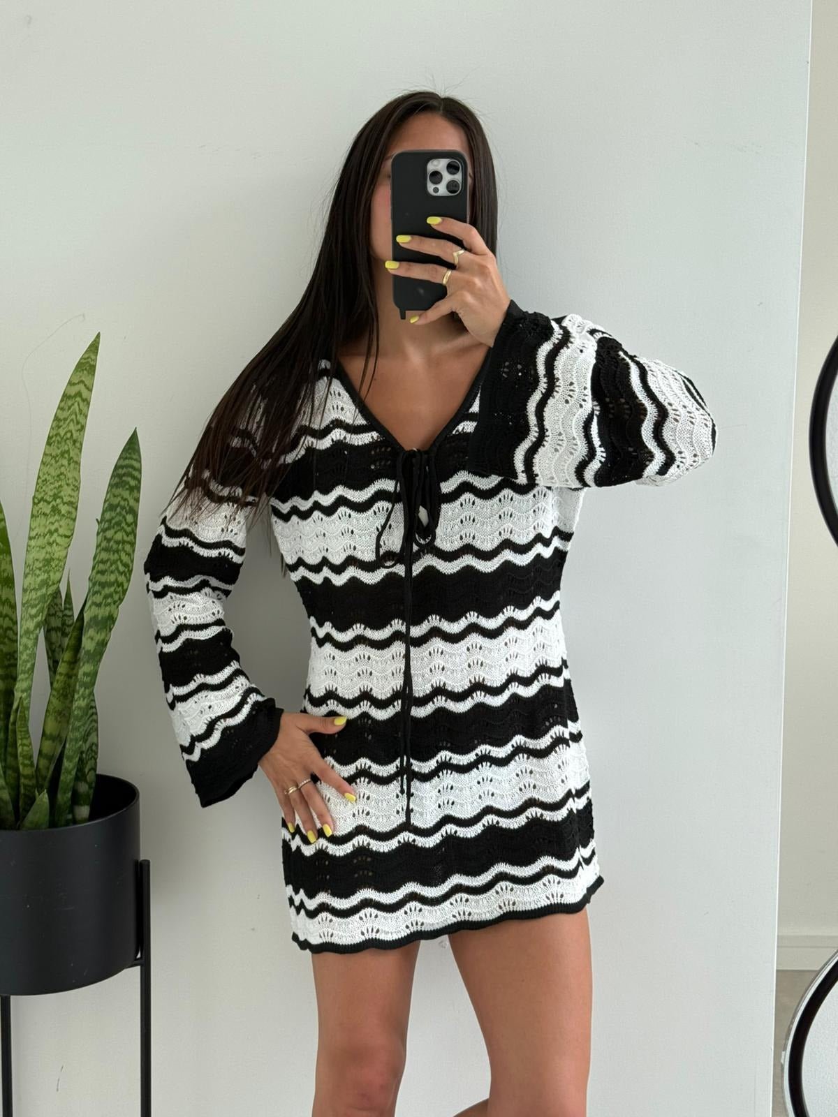 Women's Crochet Mini Dress with V-Neck and Long Sleeves - 2
