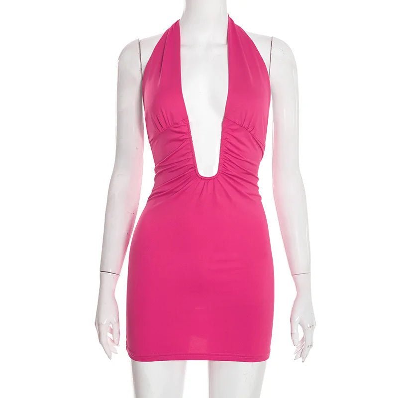 Women's Halter Mini Dress with Ruched Detail and Open Back - 5
